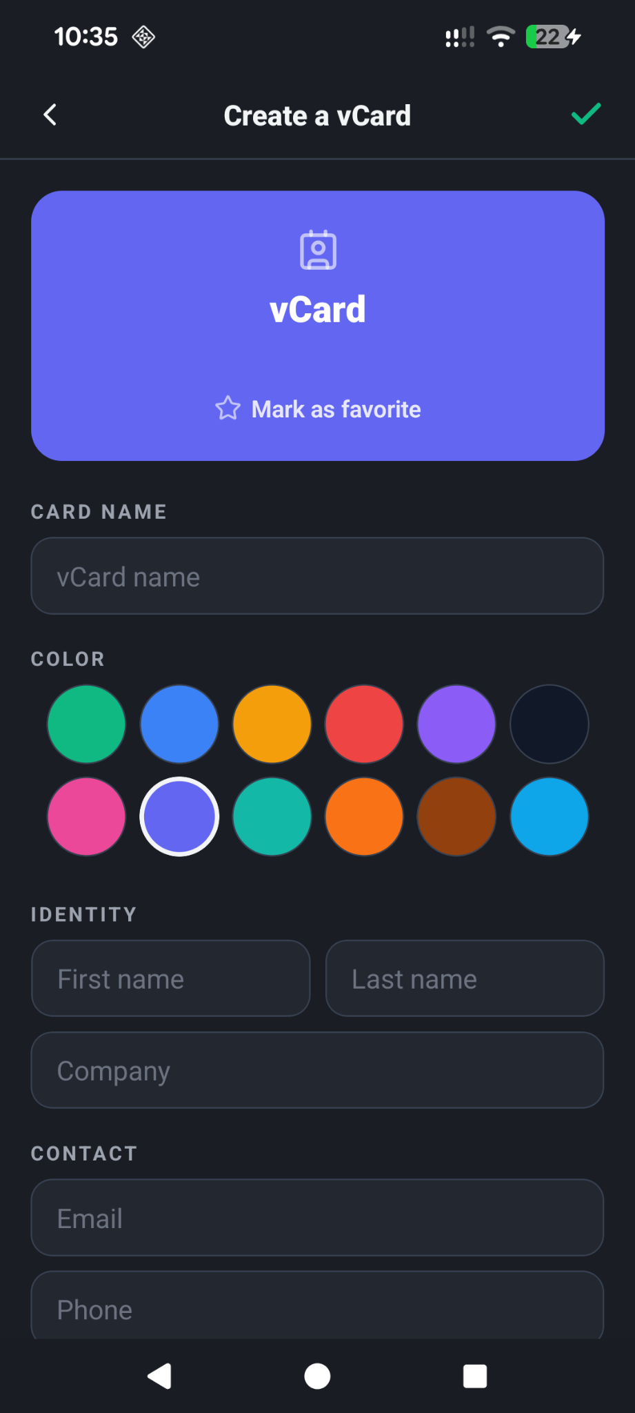 Création d’une vCard dans All My Cards
